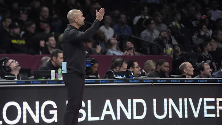 Apr 6, 2025; Brooklyn, New York, USA; Brooklyn Nets head coach Jordi Fernandez speaks to his players on the court during the second half against the Toronto Raptors at Barclays Center. Mandatory Credit: Gregory Fisher-Imagn Images