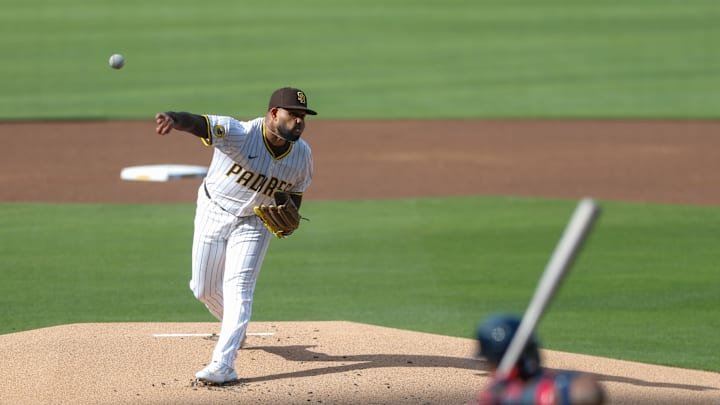 Mar 29, 2025; San Diego, California, USA; San Diego Padres starting pitcher Randy Vasquez (98) throws a pitch during the first inning against the Atlanta Braves at Petco Park. 