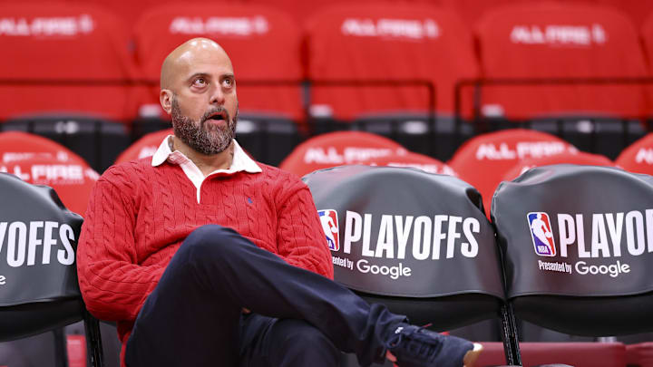 Apr 24, 2026; Houston, Texas, USA; Houston Rockets general manager Rafael Stone watches during practice before game three of the first round of the 2026 NBA Playoffs against the Los Angeles Lakers at Toyota Center. Mandatory Credit: Troy Taormina-Imagn Images