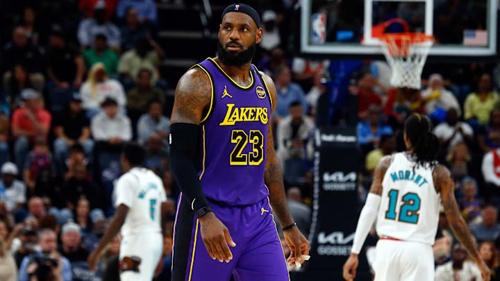 Mar 29, 2025; Memphis, Tennessee, USA; Los Angeles Lakers forward LeBron James (23) looks on during the fourth quarter against the Memphis Grizzlies at FedExForum. Mandatory Credit: Petre Thomas-Imagn Images
