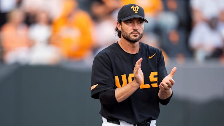 Tennessee head coach Tony Vitello during a college baseball game between Tennessee and Vanderbilt at Lindsey Nelson Stadium in Knoxville, Tenn., on May 9, 2025. Tennessee head coach Tony Vitello during a college baseball game between Tennessee and Vanderbilt at Lindsey Nelson Stadium in Knoxville, Tenn., on May 9, 2025.