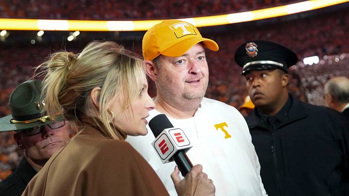 Tennessee coach Josh Heupel is interviewed after winning a game between Tennessee and Alabama in Neyland Stadium in Knoxville, Tenn., Oct. 17, 2026. Tennessee coach Josh Heupel is interviewed after winning a game between Tennessee and Alabama in Neyland Stadium in Knoxville, Tenn., Oct. 17, 2026.