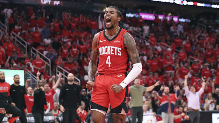 Apr 23, 2025; Houston, Texas, USA; Houston Rockets guard Jalen Green (4) reacts after scoring a basket during the third quarter during game two of the first round for the 2024 NBA Playoffs against the Golden State Warriors at Toyota Center. Mandatory Credit: Troy Taormina-Imagn Images