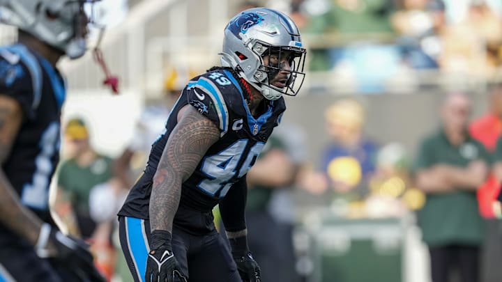 Dec 24, 2023; Charlotte, North Carolina, USA; Carolina Panthers linebacker Frankie Luvu (49) during the second half against the Green Bay Packers at Bank of America Stadium. Mandatory Credit: Jim Dedmon-Imagn Images