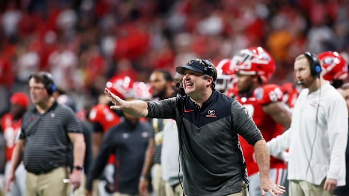 Dec 31, 2022; Atlanta, Georgia, USA; Georgia Bulldogs head coach Kirby Smart gestures against the Ohio State Buckeyes during the third quarter of the 2022 Peach Bowl at Mercedes-Benz Stadium. Mandatory Credit: Brett Davis-Imagn Images Dec 31, 2022; Atlanta, Georgia, USA; Georgia Bulldogs head coach Kirby Smart gestures against the Ohio State Buckeyes during the third quarter of the 2022 Peach Bowl at Mercedes-Benz Stadium. Mandatory Credit: Brett Davis-Imagn Images