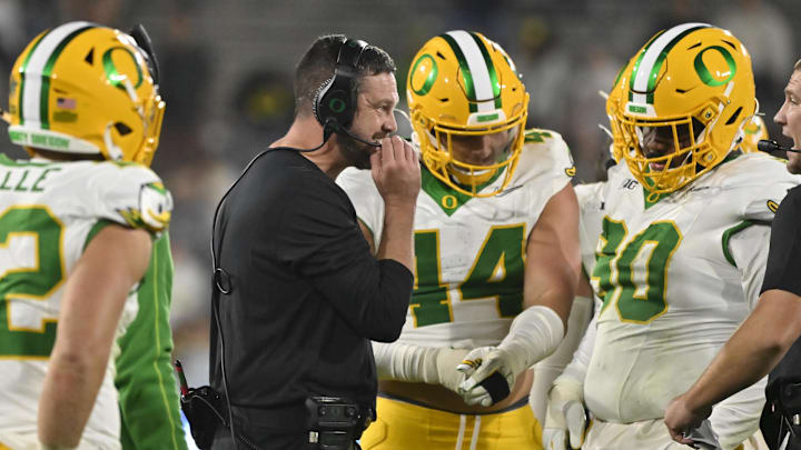 Sep 28, 2024; Pasadena, California, USA; Oregon Ducks head coach Dan Lanning is all smiles during the fourth quarter against the UCLA Bruins at Rose Bowl. Mandatory Credit: Robert Hanashiro-Imagn Images