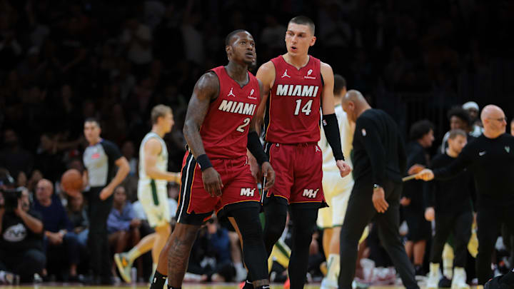 Nov 26, 2024; Miami, Florida, USA; Miami Heat guard Terry Rozier (2) celebrates with guard Tyler Herro (14) after scoring against the Milwaukee Bucks during the fourth quarter at Kaseya Center. Mandatory Credit: Sam Navarro-Imagn Images Nov 26, 2024; Miami, Florida, USA; Miami Heat guard Terry Rozier (2) celebrates with guard Tyler Herro (14) after scoring against the Milwaukee Bucks during the fourth quarter at Kaseya Center. Mandatory Credit: Sam Navarro-Imagn Images