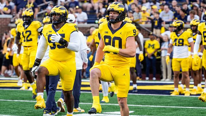 Michigan defensive end John Henry Daley (90) practices ahead of the game between Michigan and Western Michigan at Michigan Stadium in Ann Arbor on Saturday, Sept. 5, 2026. Michigan defensive end John Henry Daley (90) practices ahead of the game between Michigan and Western Michigan at Michigan Stadium in Ann Arbor on Saturday, Sept. 5, 2026.