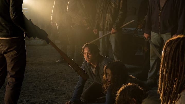  Jeffrey Dean Morgan as Negan, Danai Gurira as Michonne, Norman Reedus as Daryl Dixon, Christian Serratos as Rosita Espinosa, Steven Yeun as Glenn Rhee - The Walking Dead _ Season 7, Episode 1 - Photo Credit: Gene Page/AMC