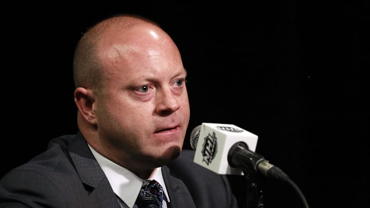 Jun 2, 2015; Tampa, FL, USA; Chicago Blackhawks general manager Stan Bowman talks with media during media day the day before the 2015 Stanley Cup Final at Amalie Arena. Mandatory Credit: Kim Klement-Imagn Images