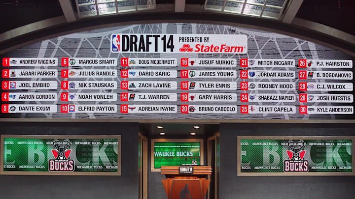 Jun 26, 2014; Brooklyn, NY, USA; A general view as the names of the first round draft picks are displayed above the stage during the 2014 NBA Draft at the Barclays Center. Mandatory Credit: Brad Penner-Imagn Images