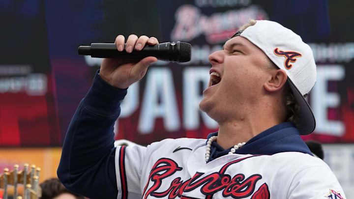 Nov 5, 2021; Atlanta, GA, USA;  Atlanta Braves right fielder Joc Pederson speaks during the World Series championship rally at Truist Park. Mandatory Credit: John David Mercer-Imagn Images