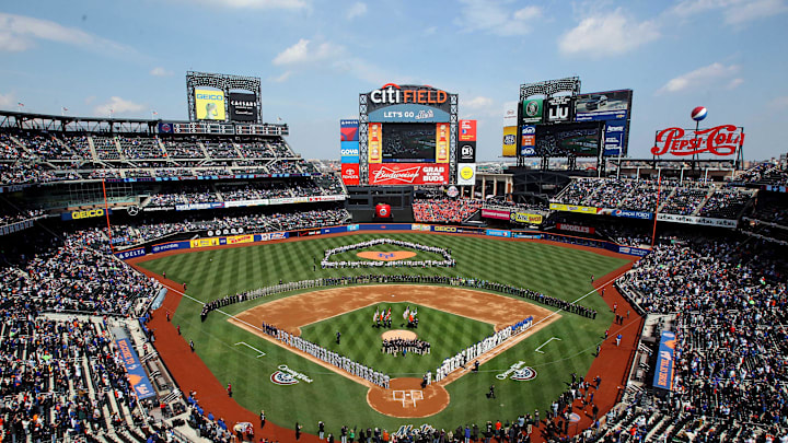 Apr 1, 2013; New York, NY, USA; A general view of a tribute to the first responders of hurricane Sandy as well as Habitat for Humanity of NYC before the start of a MLB opening day game between the New York Mets and the San Diego Padres at Citi Field. Mandatory Credit: Brad Penner-Imagn Images