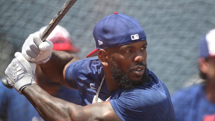 Jun 21, 2025; Pittsburgh, Pennsylvania, USA; Texas Rangers right fielder Adolis García (53) in the batting cage before the game against the Pittsburgh Pirates at PNC Park. Mandatory Credit: Charles LeClaire-Imagn Images Jun 21, 2025; Pittsburgh, Pennsylvania, USA; Texas Rangers right fielder Adolis García (53) in the batting cage before the game against the Pittsburgh Pirates at PNC Park. Mandatory Credit: Charles LeClaire-Imagn Images