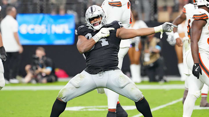 Sep 29, 2024; Paradise, Nevada, USA; Las Vegas Raiders defensive tackle Christian Wilkins (94) celebrates after a penalty overturned a scoring play by the Cleveland Browns during the fourth quarter at Allegiant Stadium. Mandatory Credit: Stephen R. Sylvanie-Imagn Images Sep 29, 2024; Paradise, Nevada, USA; Las Vegas Raiders defensive tackle Christian Wilkins (94) celebrates after a penalty overturned a scoring play by the Cleveland Browns during the fourth quarter at Allegiant Stadium. Mandatory Credit: Stephen R. Sylvanie-Imagn Images