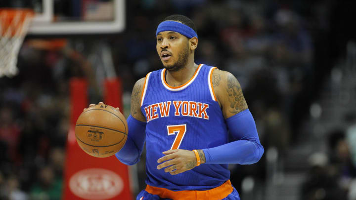 Dec 26, 2015; Atlanta, GA, USA; New York Knicks forward Carmelo Anthony (7) dribbles the ball against the Atlanta Hawks in the first quarter at Philips Arena. Mandatory Credit: Brett Davis-USA TODAY Sports
Dec 26, 2015; Atlanta, GA, USA; New York Knicks forward Carmelo Anthony (7) dribbles the ball against the Atlanta Hawks in the first quarter at Philips Arena. Mandatory Credit: Brett Davis-USA TODAY Sports