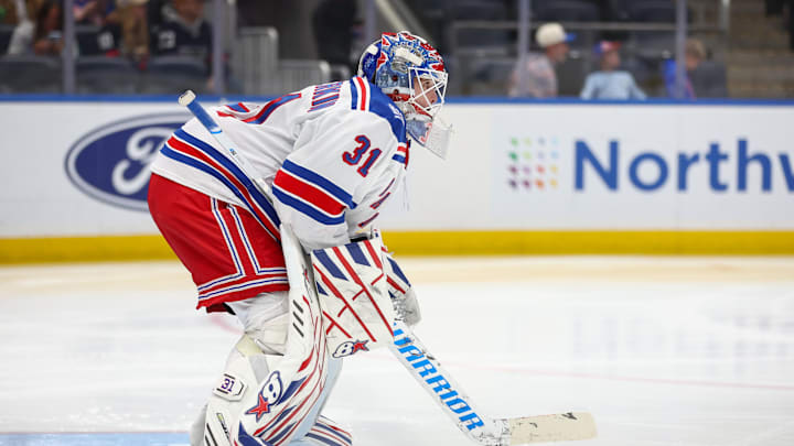 Dec 27, 2025; Elmont, New York, USA;  New York Rangers goaltender Igor Shesterkin (31) prepares for the start of the second period against the New York Islanders at UBS Arena. Mandatory Credit: Wendell Cruz-Imagn Images