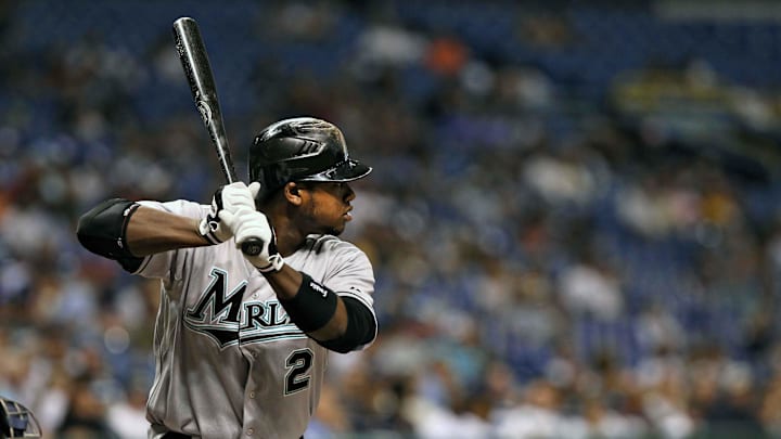 June 17 2011; St. Petersburg, FL, USA; Florida Marlins shortstop Hanley Ramirez (2) at bat during the game against the Tampa Bay Rays at Tropicana Field. Tampa Bay Rays defeated the Florida Marlins 5-1.