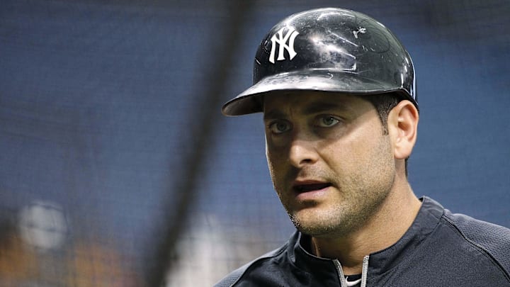 Aug 15, 2014; St. Petersburg, FL, USA; New York Yankees catcher Francisco Cervelli (29) works out prior to the game against the Tampa Bay Rays at Tropicana Field.