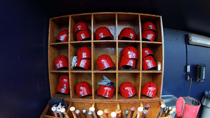 Mar 4, 2015; Tampa, FL, USA; A general view of Philadelphia Phillies helmets and bats in the dugout before a spring training baseball game against the New York Yankees at George M. Steinbrenner Field. Mandatory Credit: Kim Klement-Imagn Images