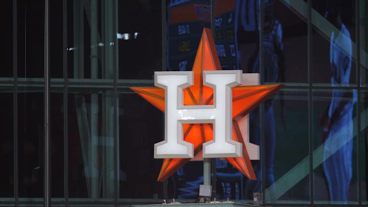 Oct 22, 2019; Houston, TX, USA; The Houston Astros logo is seen during the third inning of game one of the 2019 World Series against the Washington Nationals at Minute Maid Park. 