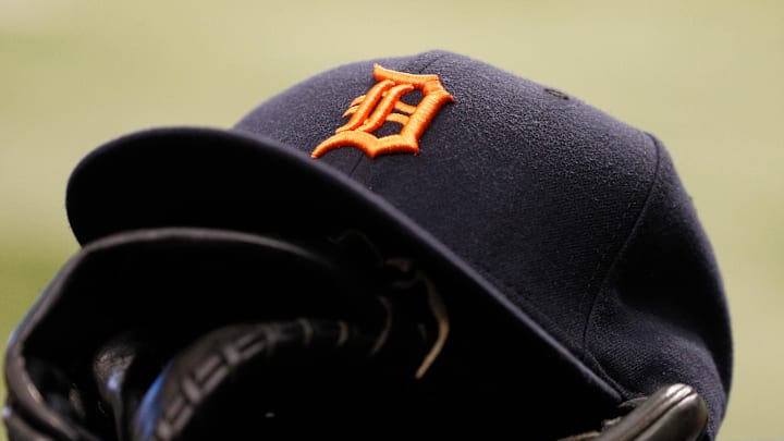 Aug 20, 2014; St. Petersburg, FL, USA; Detroit Tigers hat and glove in the dugout against the Tampa Bay Rays at Tropicana Field. Mandatory Credit: Kim Klement-Imagn Images