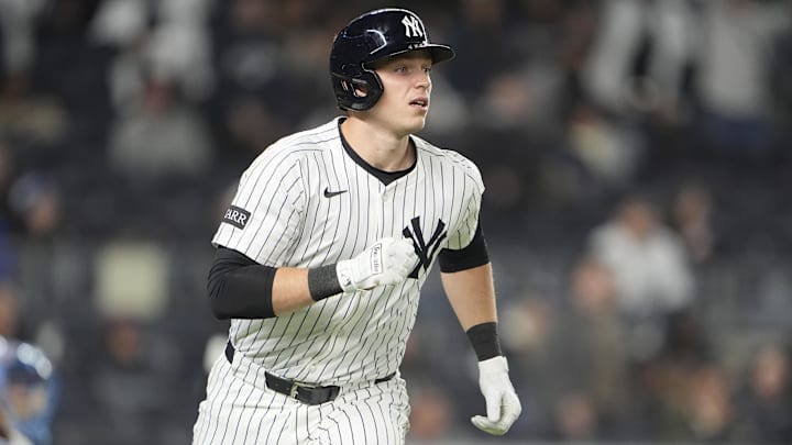 Apr 14, 2025; Bronx, New York, USA; New York Yankees designated hitter Ben Rice (22) rounds the bases after hitting a home run against the Kansas City Royals during the fifth inning at Yankee Stadium. Apr 14, 2025; Bronx, New York, USA; New York Yankees designated hitter Ben Rice (22) rounds the bases after hitting a home run against the Kansas City Royals during the fifth inning at Yankee Stadium.