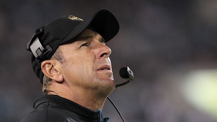 November 8, 2012; Jacksonville FL, USA; Jacksonville Jaguars head coach Mike Mularkey during the first quarter against the Indianapolis Colts at EverBank Field. Mandatory Credit: Kim Klement-Imagn Images