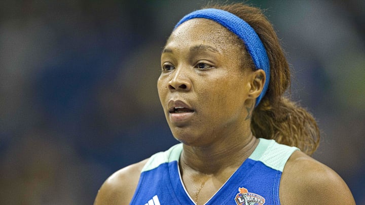 June 21, 2012; Minneapolis, MN, USA: New York guard Cappie Pondexter (23) looks on before shooting a free throw in the first half against the Minnesota Lynx at Target Center. Mandatory Credit: Jesse Johnson-Imagn Images