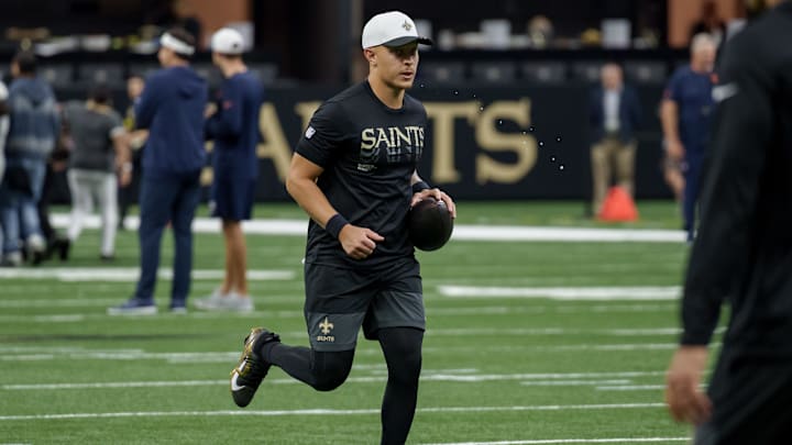 Aug 23, 2025; New Orleans, Louisiana, USA; New Orleans Saints quarterback Spencer Rattler (2) warms up before a game against the Denver Broncos at Caesars Superdome. Mandatory Credit: Matthew Hinton-Imagn Images