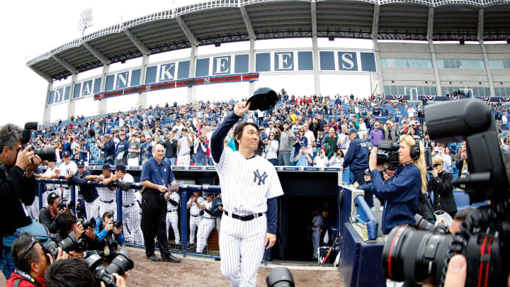 Feb 27, 2014; Tampa, FL, USA; New York Yankees guest instructor Hideki Matsui (55) is introduced Feb 27, 2014; Tampa, FL, USA; New York Yankees guest instructor Hideki Matsui (55) is introduced