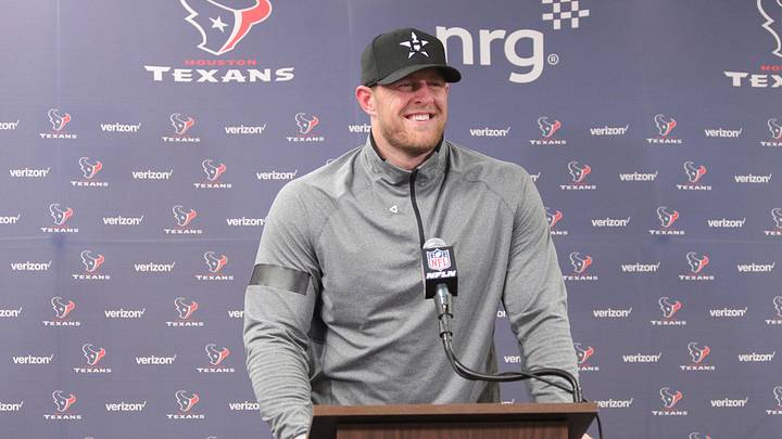 Jun 14, 2016; Houston, TX, USA; Houston Texans defensive end J.J. Watt (99) smiles as he answers question from the media following minicamp at NRG Stadium. Mandatory Credit: Erik Williams-USA TODAY Sports