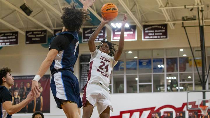 Javon Bardwell (24) jumps up to shoot at Desert Mountain High School gym on Jan. 9, 2024. Javon Bardwell (24) jumps up to shoot at Desert Mountain High School gym on Jan. 9, 2024.