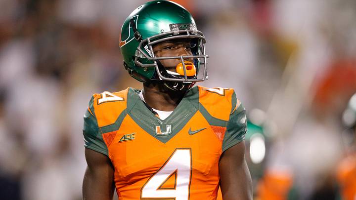 Oct 4, 2014; Atlanta, GA, USA; Miami Hurricanes wide receiver Phillip Dorsett (4) in action against the Georgia Tech Yellow Jackets in the fourth quarter at Bobby Dodd Stadium. Georgia Tech defeated Miami 28-17. Mandatory Credit: Brett Davis-USA TODAY Sports
