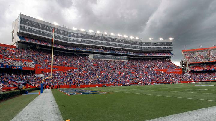Aug 30, 2014; Gainesville, FL, USA; A general view of Florida Field as it is in rain delay before the game between the Idaho Vandals and Florida Gators a at Ben Hill Griffin Stadium. Mandatory Credit: Kim Klement-USA TODAY Sports