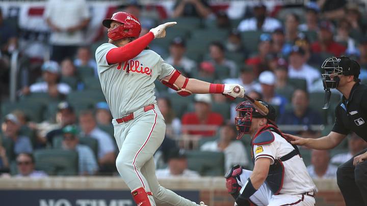 Sep 30, 2026; Cumberland, Georgia, USA;  Philadelphia Phillies first baseman Alec Bohm (28) hits a solo home run against the Atlanta Braves in the tenth inning during game two of the Wildcard round for the 2026 MLB Playoffs at Truist Park.  Mandatory Credit: Brett Davis-Imagn Images