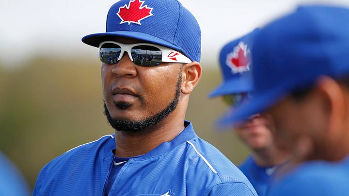 Mar 1, 2015; Dunedin, FL, USA; Toronto Blue Jays first baseman Edwin Encarnacion (10) during spring training workouts at Bobby Mattick Training Center. Mandatory Credit: Kim Klement-USA TODAY Sports