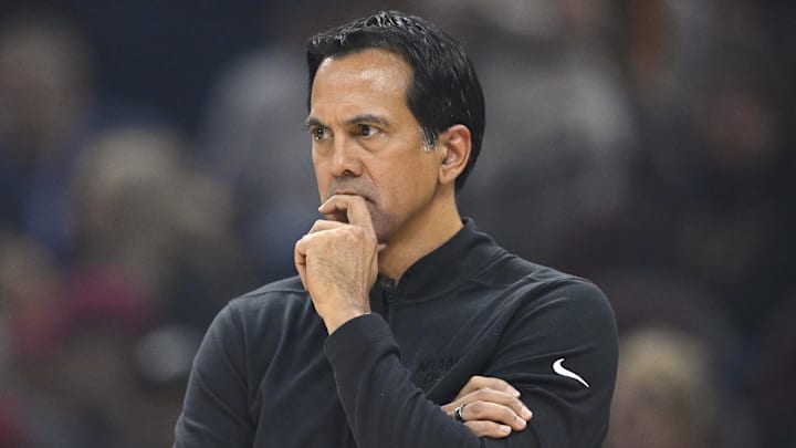 Mar 25, 2026; Cleveland, Ohio, USA; Miami Heat head coach Erik Spoelstra stands on the court in the third quarter against the Cleveland Cavaliers at Rocket Arena. Mandatory Credit: David Richard-Imagn Images Mar 25, 2026; Cleveland, Ohio, USA; Miami Heat head coach Erik Spoelstra stands on the court in the third quarter against the Cleveland Cavaliers at Rocket Arena. Mandatory Credit: David Richard-Imagn Images