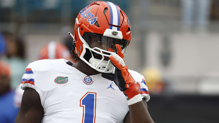 Oct 29, 2022; Jacksonville, Florida, USA; Florida Gators linebacker Brenton Cox Jr. (1) prior to the game against the Georgia Bulldogs at TIAA Bank Field. Mandatory Credit: Kim Klement-USA TODAY Sports