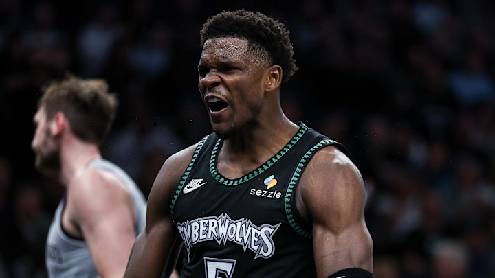 Nov 30, 2025; Minneapolis, Minnesota, USA; Minnesota Timberwolves guard Anthony Edwards (5) celebrates his basket against the San Antonio Spurs during the second half at Target Center. Mandatory Credit: Matt Krohn-Imagn Images