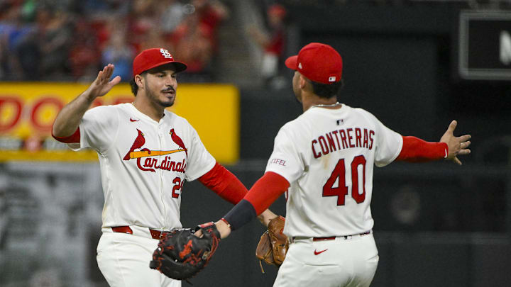 Jun 24, 2025; St. Louis, Missouri, USA; St. Louis Cardinals third baseman Nolan Arenado (28) celebrates with first baseman Willson Contreras (40) after the Cardinals defeated the Chicago Cubs at Busch Stadium. Mandatory Credit: Jeff Curry-Imagn Images Jun 24, 2025; St. Louis, Missouri, USA; St. Louis Cardinals third baseman Nolan Arenado (28) celebrates with first baseman Willson Contreras (40) after the Cardinals defeated the Chicago Cubs at Busch Stadium. Mandatory Credit: Jeff Curry-Imagn Images