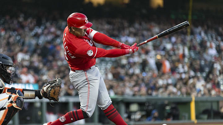 Apr 8, 2025; San Francisco, California, USA; Cincinnati Reds first baseman Christian Encarnacion-Strand (33) grounds a single against the San Francisco Giants during the fourth inning at Oracle Park. Mandatory Credit: John Hefti-Imagn Images Apr 8, 2025; San Francisco, California, USA; Cincinnati Reds first baseman Christian Encarnacion-Strand (33) grounds a single against the San Francisco Giants during the fourth inning at Oracle Park. Mandatory Credit: John Hefti-Imagn Images