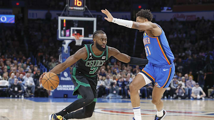 Jan 3, 2023; Oklahoma City, Oklahoma, USA; Boston Celtics guard Jaylen Brown (7) drives to the basket. Jan 3, 2023; Oklahoma City, Oklahoma, USA; Boston Celtics guard Jaylen Brown (7) drives to the basket.