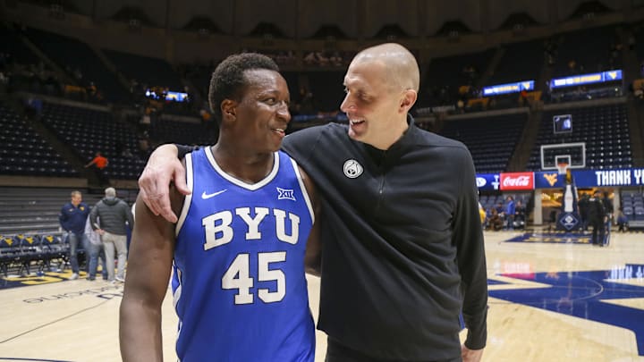 Feb 3, 2024; Morgantown, West Virginia, USA; Brigham Young Cougars head coach Mark Pope celebrates