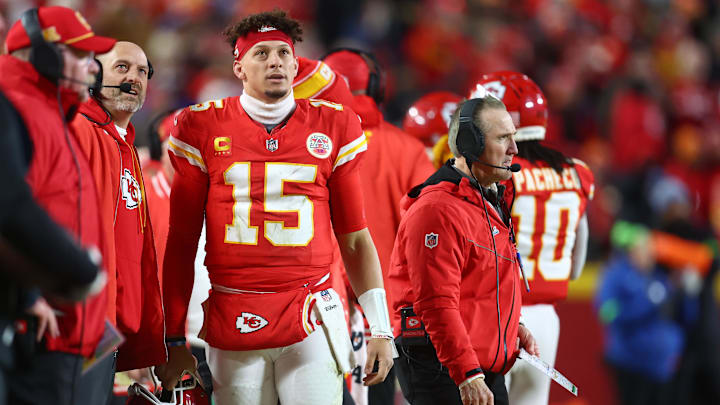 Kansas City Chiefs quarterback Patrick Mahomes (15) stands on the sidelines against the Buffalo Bills during the first half in the AFC Championship game at GEHA Field at Arrowhead Stadium. 