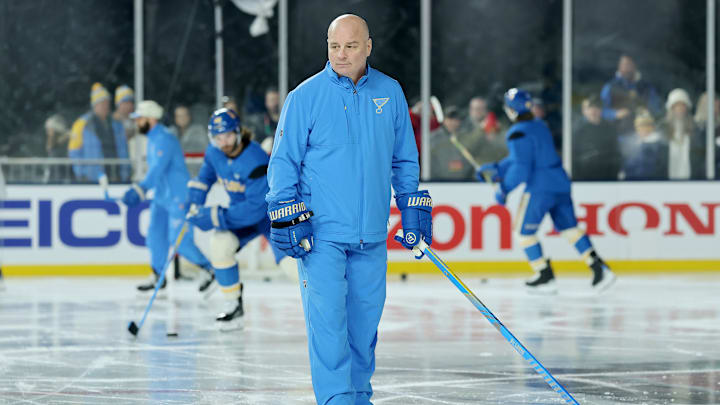 St. Louis Blues head coach Jim Montgomery helping on-ice with some drills and warm-ups