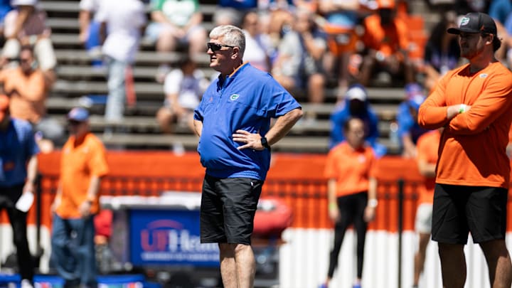 Florida Gators executive head coach and co-defensive coordinator for inside linebackers Ron Roberts looks on at the Orange and Blue spring football game at Steve Spurrier Field at Ben Hill Griffin Stadium in Gainesville, FL on Saturday, April 13, 2024. [Matt Pendleton/Gainesville Sun]