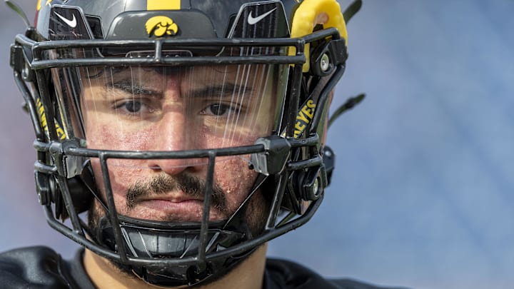 Jan 28, 2025; Mobile, AL, USA; National team defensive back Sebastian Castro of Iowa (29) looks on between plays during Senior Bowl practice for the National team at Hancock Whitney Stadium. Mandatory Credit: Vasha Hunt-Imagn Images