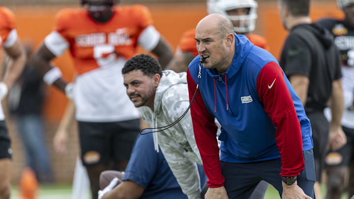 Jan 30, 2025; Mobile, AL, USA; National team head coach Mike Kafka of the New York Giants tracks drills during Senior Bowl practice for the National team at Hancock Whitney Stadium. Mandatory Credit: Vasha Hunt-Imagn Images