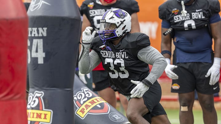 Jan 30, 2025; Mobile, AL, USA; National team defensive lineman David Walker of Central Arkansas (33) works through drills during Senior Bowl practice for the National team at Hancock Whitney Stadium. Mandatory Credit: Vasha Hunt-Imagn Images